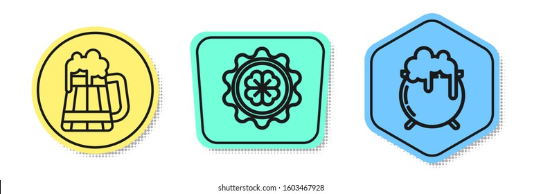 Set line Wooden beer mug, Bottle cap with four leaf clover and Witch cauldron. Colored shapes. Vector