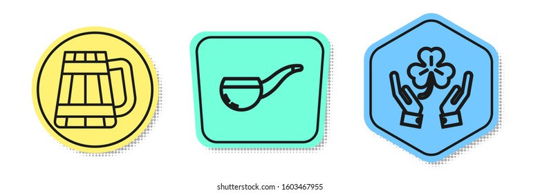 Set line Wooden beer mug, Smoking pipe and Human hands holding four leaf clover. Colored shapes. Vector