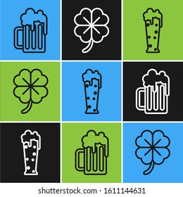 Set line Wooden beer mug, Glass of beer and Four leaf clover icon. Vector