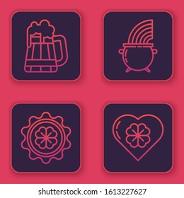 Set line Wooden beer mug, Bottle cap with four leaf clover, Witch cauldron and rainbow and Heart with four leaf clover. Blue square button. Vector