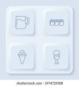 Set line Wooden beer mug, Sushi, Ice cream in waffle cone and Chicken leg. White square button. Vector