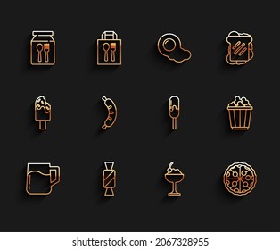 Set line Wooden beer mug, Candy, Online ordering delivery, Ice cream bowl, Pizza, Hotdog, Popcorn box and  icon. Vector