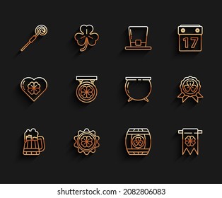 Set line Wooden beer mug, Bottle cap with four leaf clover, Walking stick, barrel, Four and party pennant, Street signboard, Medal and Witch cauldron icon. Vector