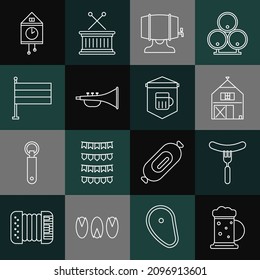 Set line Wooden beer mug, Sausage on the fork, Farm House, barrel rack, Musical instrument trumpet, National Germany flag, Retro wall watch and Signboard with glass of icon. Vector