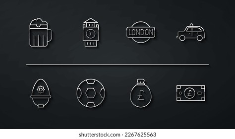 Fijar la línea "Mug de cerveza de madera", casco de la policía británica, carro de taxi, Bolsa de dinero con libra, Fútbol, Torre Big Ben, Dinero esterlina de libras y icono del cartel de Londres. Vector