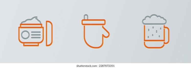 Set line Wooden beer mug, Cream or lotion cosmetic tube and Sauna mittens icon. Vector