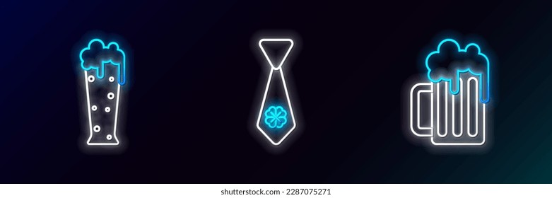 Set line Wooden beer mug, Glass of and Tie with four leaf clover icon. Glowing neon. Vector
