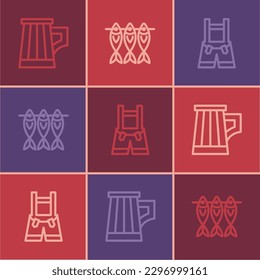 Set line Wooden beer mug, Lederhosen and Dried fish icon. Vector