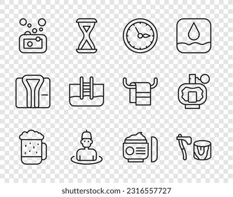 Set line Wooden beer mug, axe in stump, Sauna clock, Man the sauna, Bar of soap, Swimming pool with ladder, Cream or lotion cosmetic tube and Aftershave icon. Vector