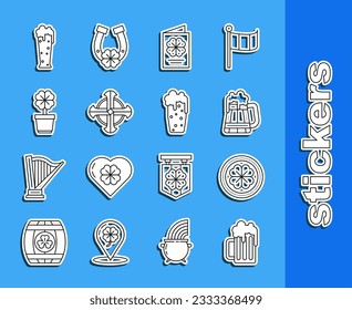 Set line Wooden beer mug, Gold coin with four leaf clover, Saint Patricks Day flyer, brochure, postcard, Celtic cross, Four pot, Glass of and  icon. Vector