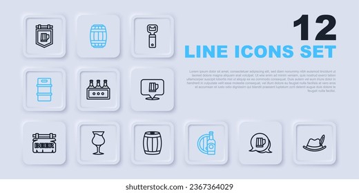 Set line Wooden beer mug, Oktoberfest hat, Pack of bottles, Beer and wooden barrel, Metal keg, Glass,  and  icon. Vector