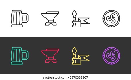 Set line Wooden beer mug, Anvil for blacksmithing, Medieval spear and Shield viking on black and white. Vector