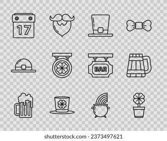 Set line Wooden beer mug, Four leaf clover in pot, Leprechaun hat, and four, Saint Patrick's day with calendar, Street signboard, Witch cauldron rainbow and  icon. Vector