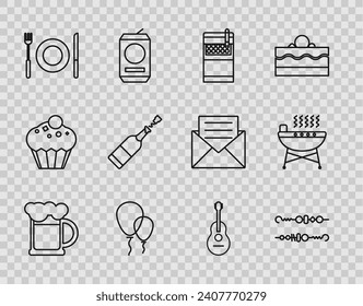 Set line Wooden beer mug, Grilled shish kebab, Open cigarettes pack box, Balloons with ribbon, Plate, fork and knife, Champagne bottle, Guitar and Barbecue grill icon. Vector