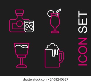 Set line Wooden beer mug, Wine glass, Cocktail and Whiskey bottle and icon. Vector