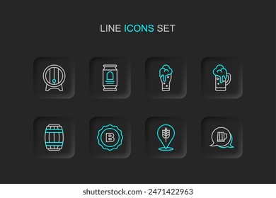 Set line Wooden beer mug, Wheat, Bottle cap, barrel, Glass of, Beer can and on rack icon. Vector