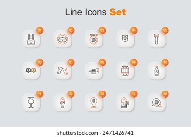 Set line Wooden beer mug, Wheat, Glass of, Beer bottle, barrel and Trumpet icon. Vector