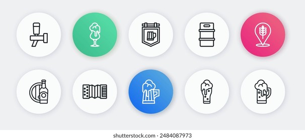 Set line Wooden beer mug, Wheat, Beer bottle and wooden barrel, Glass of, Metal keg, Street signboard with,  and Accordion icon. Vector