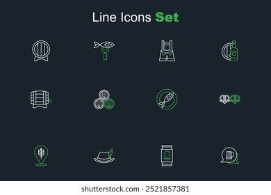 Set line Wooden beer mug, Beer can, Oktoberfest hat, Wheat, Pretzel, Dried fish, barrel and on rack icon. Vector