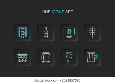 Set line Wooden beer mug, Glass of, barrel, Dried fish, Wheat, Beer bottle and Street signboard with icon. Vector