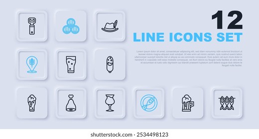 Set line Wooden beer mug, Dried fish, Glass of, Wheat, Chicken leg, barrel and  icon. Vector