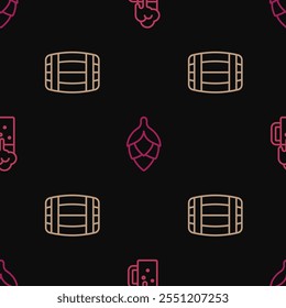 Set line Wooden beer mug, barrel and Hop on seamless pattern. Vector