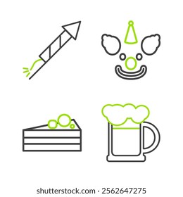 Set line Wooden beer mug, Cake, Clown head and Firework rocket icon. Vector