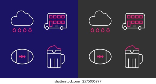 Set line Wooden beer mug, Rugby ball, Double decker bus and Cloud with rain icon. Vector