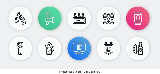 Set line Wooden beer mug, Beer can, Bottle opener, Street signboard with, Dried fish, Pack of bottles, and wooden barrel and Glass icon. Vector