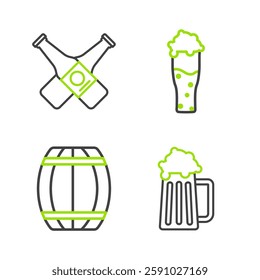 Set line Wooden beer mug, barrel, Glass of and Crossed bottle icon. Vector