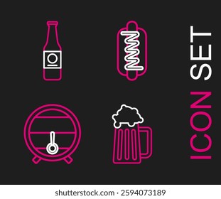 Set line Wooden beer mug, barrel on rack with stopcock, Hotdog sandwich mustard and Beer bottle icon. Vector