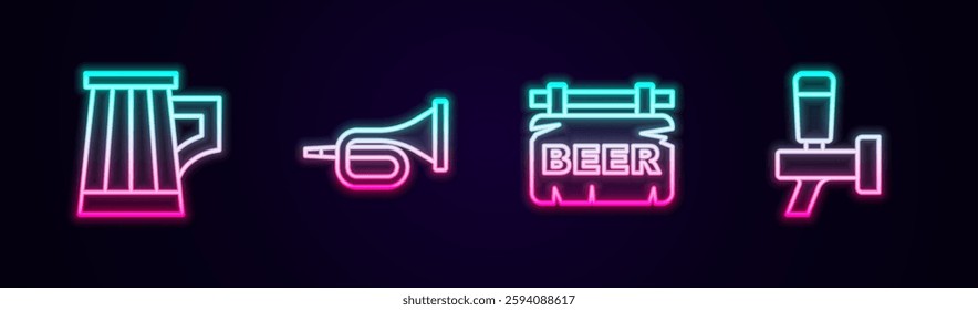 Set line Wooden beer mug, Trumpet, Street signboard with Beer and tap. Glowing neon icon. Vector