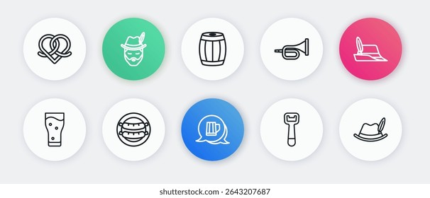 Set line Caneca de cerveja de madeira, chapéu Oktoberfest, Vidro de, abridor de garrafas, trompete, barril e ícone de salsicha. Vetor