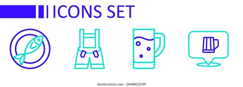 Set line Wooden beer mug, Glass of, Lederhosen and Dried fish icon. Vector