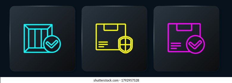 Set line Wooden box with check mark, Package and Delivery security shield. Black square button. Vector