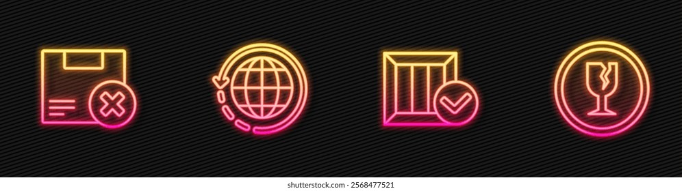 Set line Wooden box with check mark, Carton cardboard and delete, Worldwide shipping and Fragile broken glass. Glowing neon icon. Vector