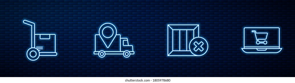 Set line Wooden box and delete, Hand truck boxes, Delivery tracking and Shopping cart on laptop. Glowing neon icon on brick wall. Vector