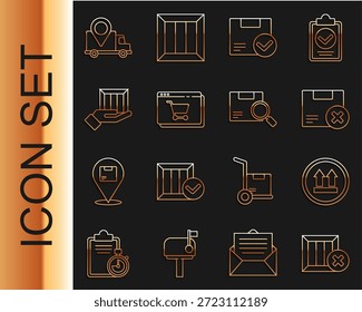 Set línea caja de madera y Borrar, este lado hacia arriba, cartón, paquete con marca de verificación, pantalla de compras en línea, cajas de mano de entrega, seguimiento e icono del paquete de Búsqueda. Vector