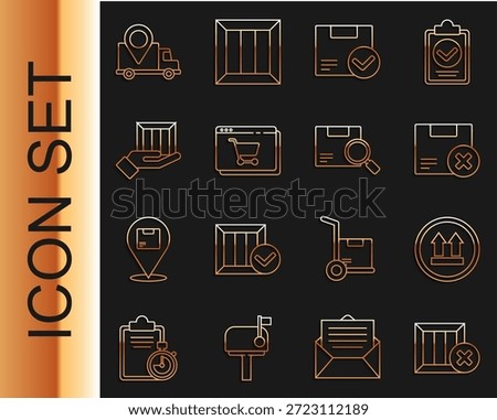 Set line Wooden box and delete, This side up, Carton cardboard, Package with check mark, Online shopping screen, Delivery hand boxes, tracking and Search package icon. Vector
