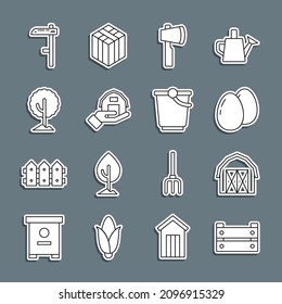 Set line Wooden box, Farm house, Chicken egg, axe, in hand, Tree, Scythe and Bucket icon. Vector
