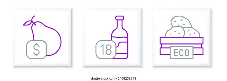 Set line Wooden box for fruits, Price tag pear and Wine bottle icon. Vector