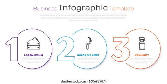 Set line Wooden box with harvest, Sickle and Can container for milk. Business infographic template. Vector