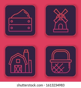 Set line Wooden box with harvest, Farm House concept, Windmill and Shopping basket. Blue square button. Vector