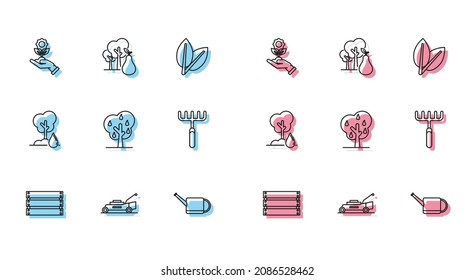 Set line Wooden box, Lawn mower, Hand holding flower, Watering can, Tree with pears, Garden rake,  and  icon. Vector