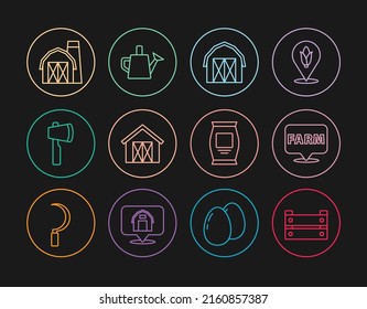 Set line Wooden box, Location farm, Farm house, axe, Fertilizer bag and Watering can icon. Vector