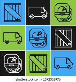 Set line Wooden box , Pizza in cardboard box  and Delivery cargo truck vehicle  icon. Vector