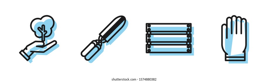 Set line Wooden box, Tree in hand of environmental protection, Gardening handmade scissors for trimming and Garden gloves icon. Vector