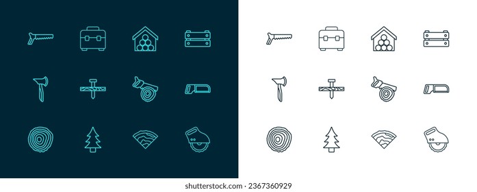 Set line Wooden box, Tree, Hand saw and log, beam, Metallic nail, logs,  and Toolbox icon. Vector