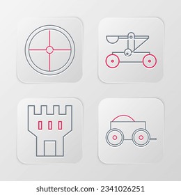 Set line Wooden four-wheel cart, Castle tower, Catapult shooting stones and Round wooden shield icon. Vector
