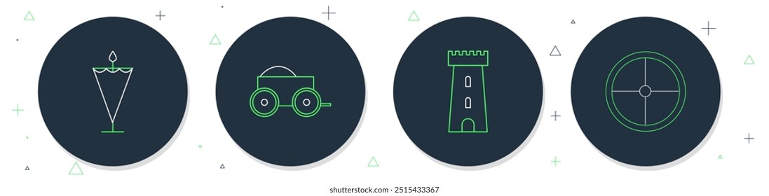 Carrito de madera de cuatro ruedas, torre del castillo, bandera medieval e icono de escudo de madera redondo. Vector